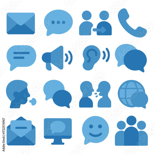 Communication icons: A comprehensive array of blue communication icons representing a multitude of modes and facets of the modern world, perfect for illustrating digital interactions and concepts.