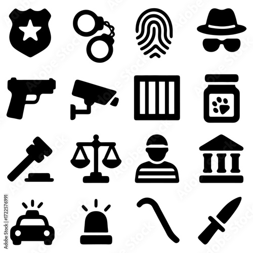 Legal Enforcement Icon Set: A collection of meticulously crafted vector icons representing law enforcement elements, perfect for legal, security, and justice-themed designs. 