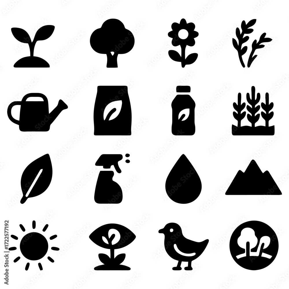 Obraz premium Nature's Essence: Minimalist, high-contrast icons depicting diverse natural elements essential for life: growth, sustenance, and environmental balance.