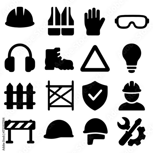 Safety Icons in Action: A visually clear collection of safety icons, showcasing diverse tools and equipment essential for construction and protection, with a focus on safety and industry.