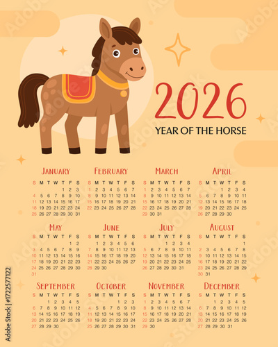Calendar 2026. 12 months, starting from Sunday. Cute brown horse on light yellow background. New Year of the Horse, Lunar New Year or Chinese New Year.