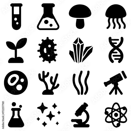 Iconic Science Elements: A collection of iconic silhouettes representing fundamental scientific concepts, perfect for educational materials, digital designs, or thematic branding.