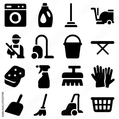 Clean Icons: A set of black icons represents household objects, presenting a minimalist illustration of cleanliness.