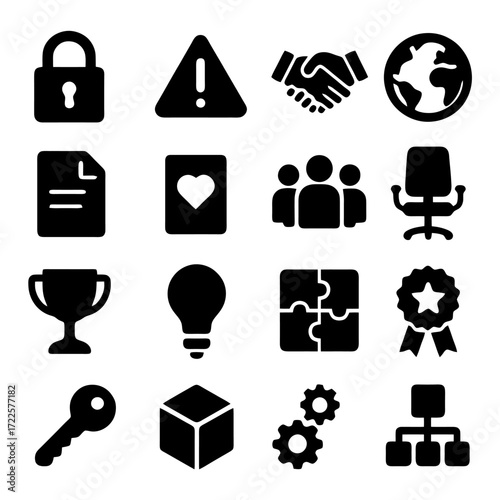 Business Icons: A visually appealing set of minimalistic, high-quality icons representing essential elements of business and workplace, embodying the spirit of modern design.