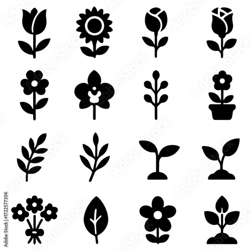 Botanical Black: A curated collection of botanical silhouettes, showcasing a diverse array of flora forms for artistic and design use.
