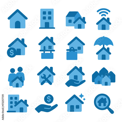Home Icons Set: A diverse set of home icons, each representing a different facet of real estate. Perfect for illustrating concepts like homeownership, housing, property values, and more.