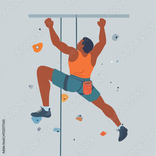 A strong man indoor rock climbing, showcasing athleticism and determination.