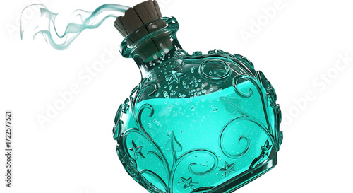 Bild auf Leinwand Mystical potion bottle with swirling aqua liquid, perfect for enchanting fantasy