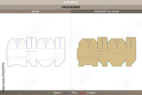 Kraft handle box dieline for eco-friendly packaging, editable folding carton template with printable mockup structure, branding options, and detailed cut design die line