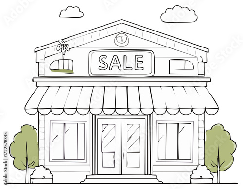 Hand drawn cartoon retail store building exterior with SALE sign and front awning