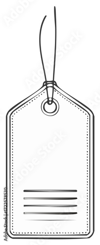 Drawn price tag with ring and ribbon, sketch of sale tag with blank label and dotted seam outline