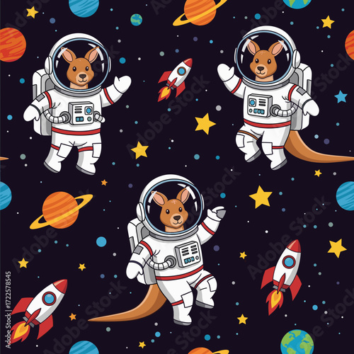 Playful cartoon kangaroos in astronaut suits floating in space Whimsical pattern for kids designs