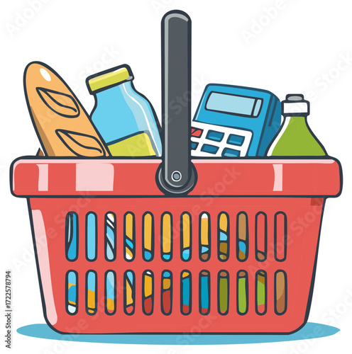 Red Shopping Basket Filled with Groceries Food and Household Items Cartoon Illustration