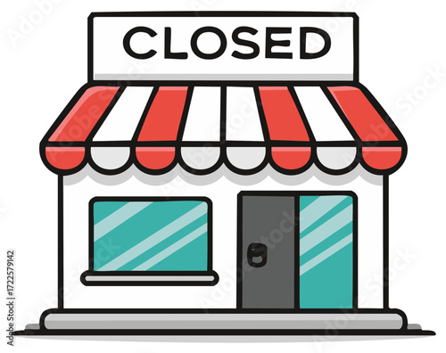 Illustration of a closed shop with a striped awning and Closed sign. Business closure concept.