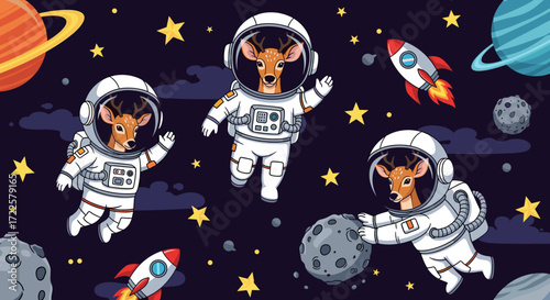 Cute deer astronauts explore the universe floating among planets and stars Fun space adventure