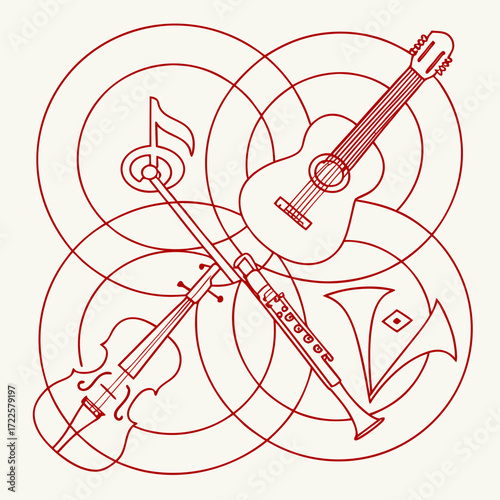 A stylized red line art composition featuring a guitar violin flute and french horn intertwined with concentric circles on a cream background