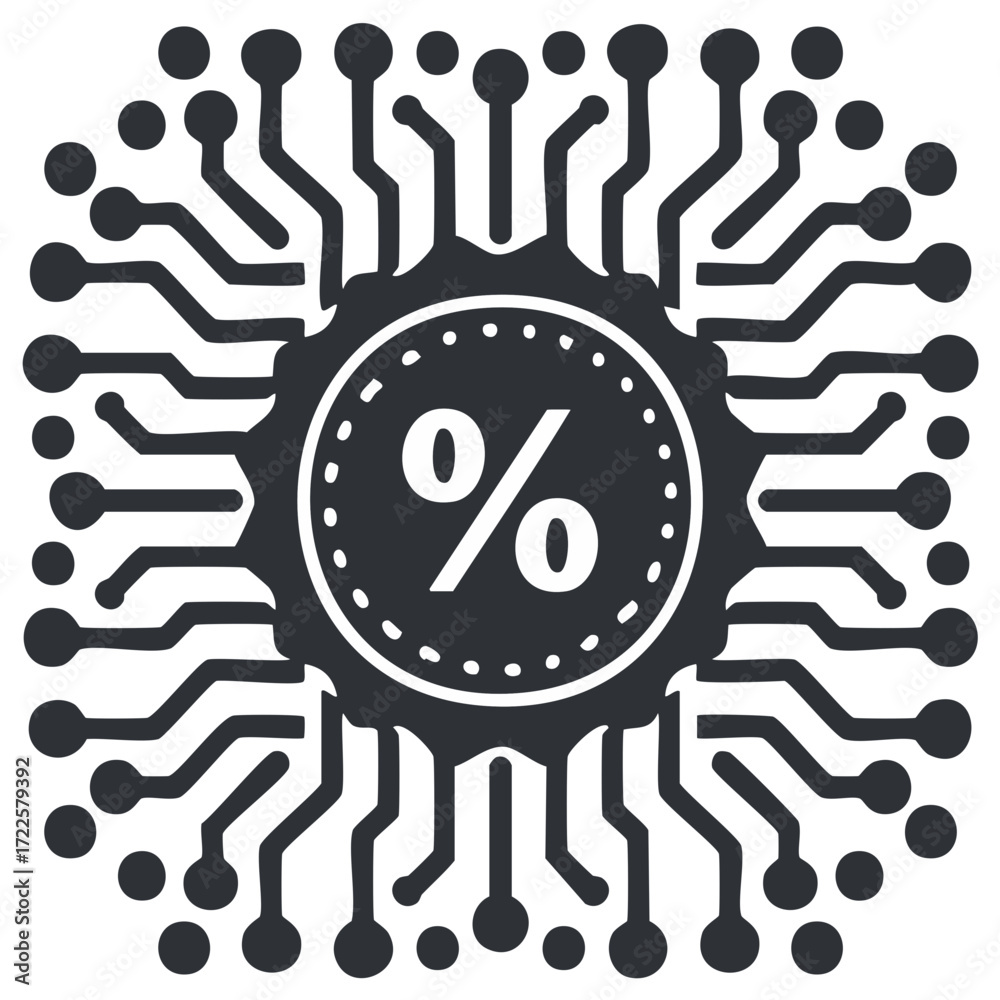 Fototapeta premium Fintech icon with percentage sign on a microprocessor circuit board for digital finance and sales