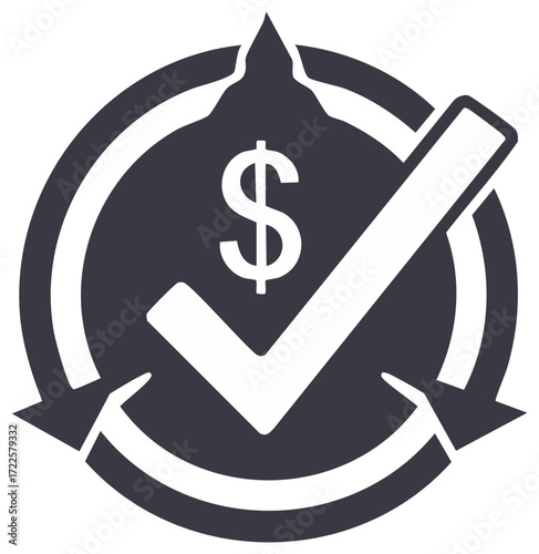 Dollar sign checkmark circling arrows symbolizing money back guarantee or cash return refund icon
