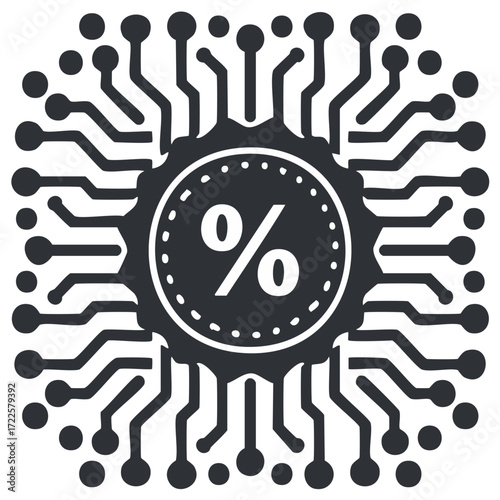 Fintech icon with percentage sign on a microprocessor circuit board for digital finance and sales