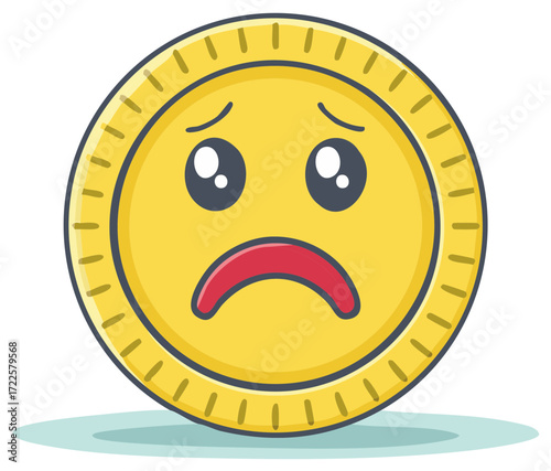 Sad Cartoon Emoji Coin, Illustrative Finance, Disappointed Financial Status, Emoji Icon