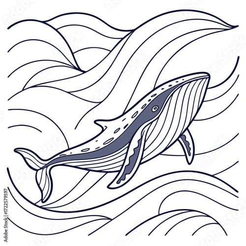 Stylized illustration of a majestic blue whale gracefully swimming through abstract flowing ocean waves with a simple clean line art style