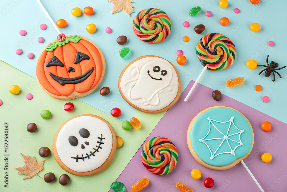Fototapeta premium Brightly decorated Halloween-themed cookies and candy, including pumpkins, ghosts, and lollipops, arranged playfully for festive celebrations. 