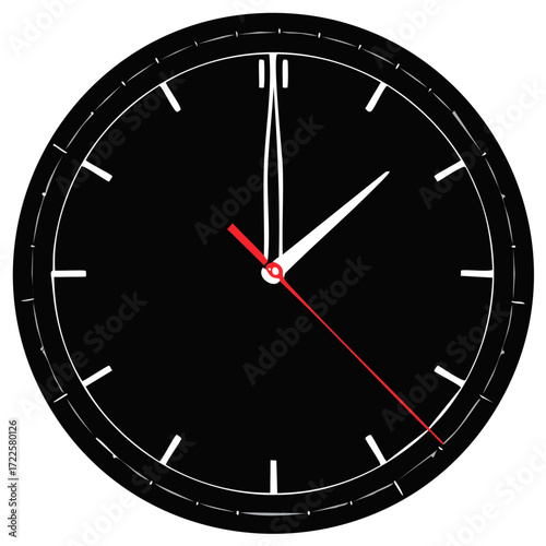 Modern black wall clock with white hands and a red second hand vector illustration