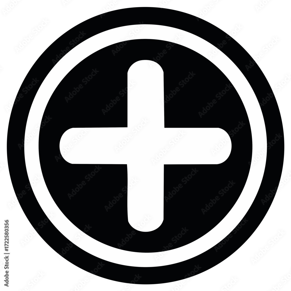 Obraz premium Plus sign icon inside double circle, black, medical, mathematical, additive, addition