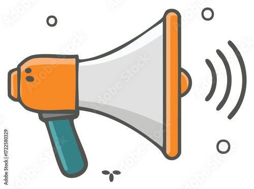 Orange and gray megaphone graphic with sound waves emanating from the bell