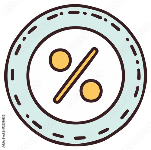 Stylized doodle icon of a percentage symbol in a circle for business and sales promotion