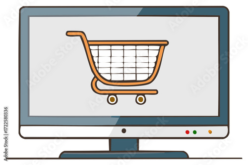 Computer screen displaying an orange shopping cart icon for online retail and e-commerce concepts