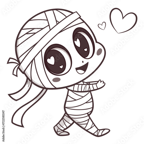Cute cartoon mummy character with big eyes and hearts walking happily with love hearts floating around