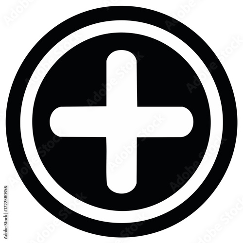 Plus sign icon inside double circle, black, medical, mathematical, additive, addition