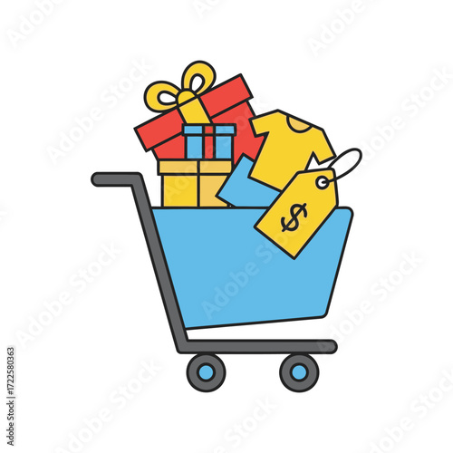 Shopping cart overflowing with gifts and clothes discount tag illustration vector