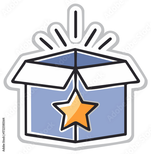 Open blue gift box with a shining golden star, a cartoon sticker icon representing a prize or special bonus.