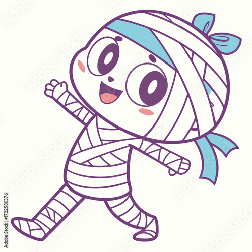 Cute cartoon mummy character with blue ribbon and bow happily walking with a smile