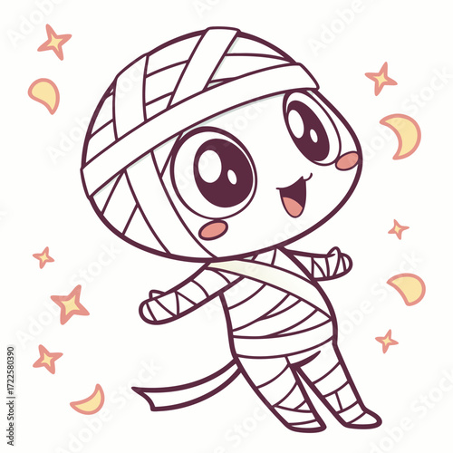 Cute kawaii mummy character with stars and moons for halloween celebration
