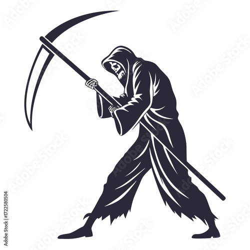 Grim reaper with scythe silhouette ready to strike on white background
