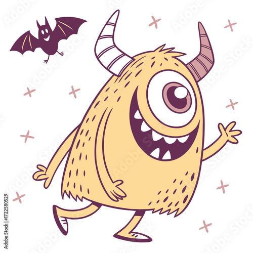 Happy cartoon cyclops monster with horns and a friendly bat flying nearby