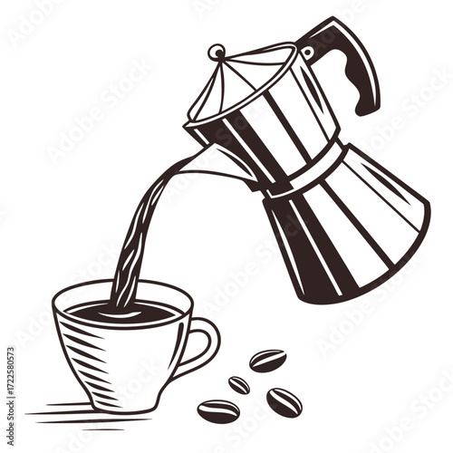 Line art illustration of a moka pot pouring hot coffee into a cup with coffee beans scattered nearby