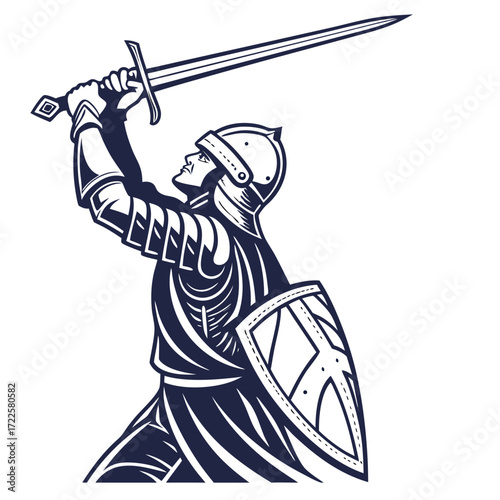 Medieval knight in full armor raising sword and shield in a victorious pose