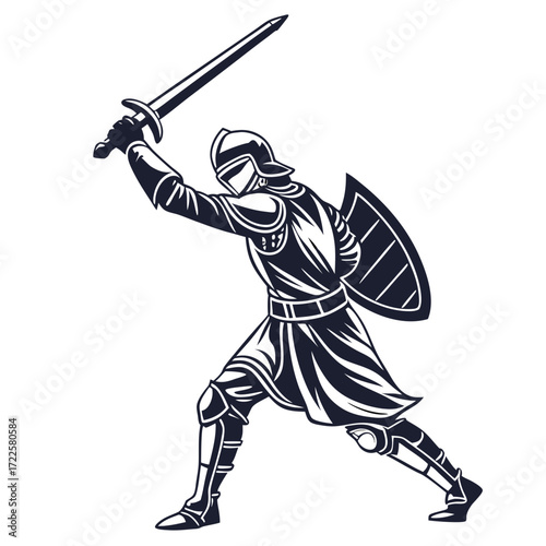 Medieval knight in full armor wielding a sword and shield in dynamic combat pose