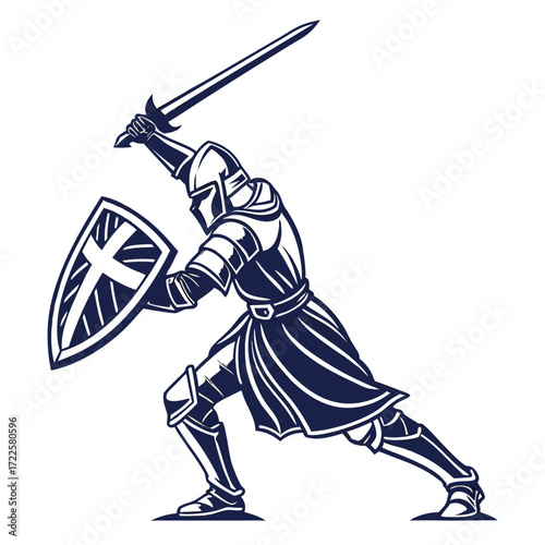 Medieval knight in full armor wielding sword and shield in dynamic combat pose