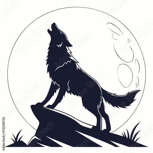 Silhouette of a wolf howling at a large full moon on a rocky outcrop with grass
