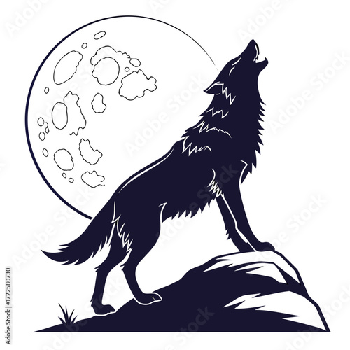 Silhouette of a wolf howling at a large full moon perched on a rocky outcrop