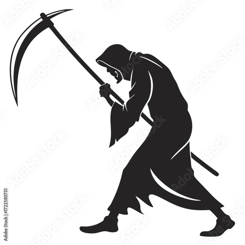 Silhouette of the grim reaper holding a scythe a personification of death in a hooded robe