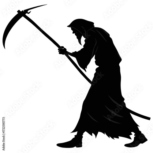 Silhouette of the grim reaper holding a scythe walking with a menacing stance