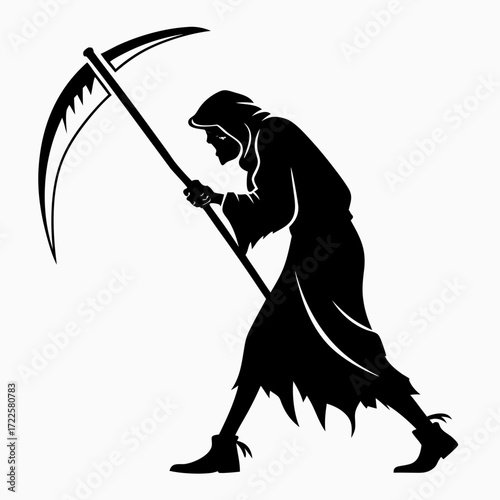 Silhouette of the grim reaper holding a scythe walking forward with a menacing stance