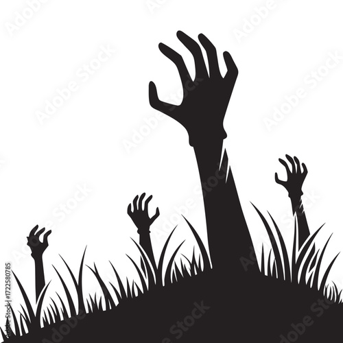 Silhouette of zombie hands and arms emerging from the ground through grass on a white background