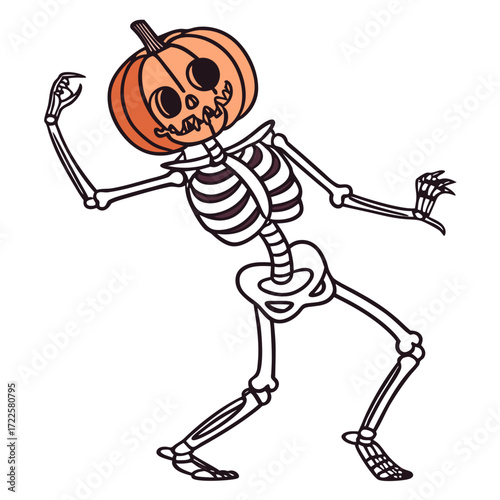 Spooky cartoon skeleton with a carved pumpkin head dancing joyfully for halloween
